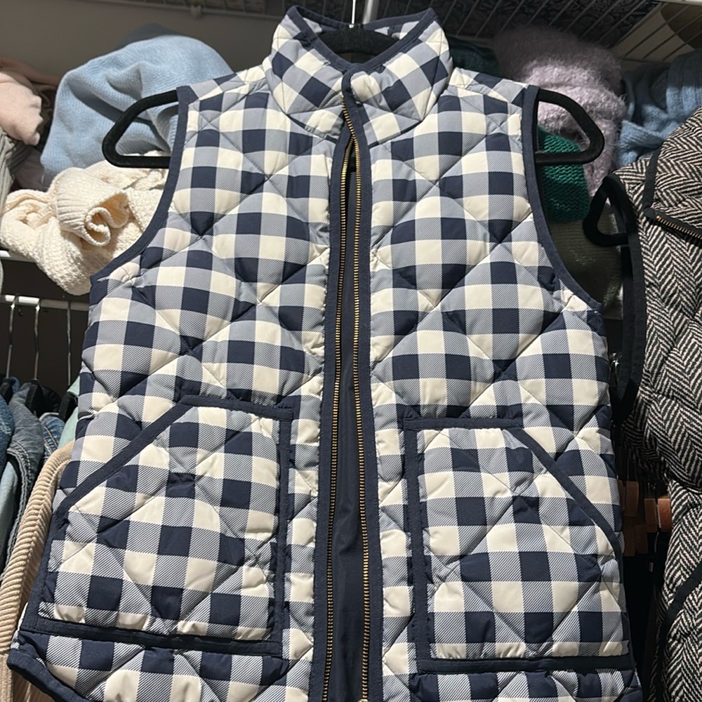 J Crew Womens Quilted Down Puffer Vest Full Zip Blue Plaid Check Pockets